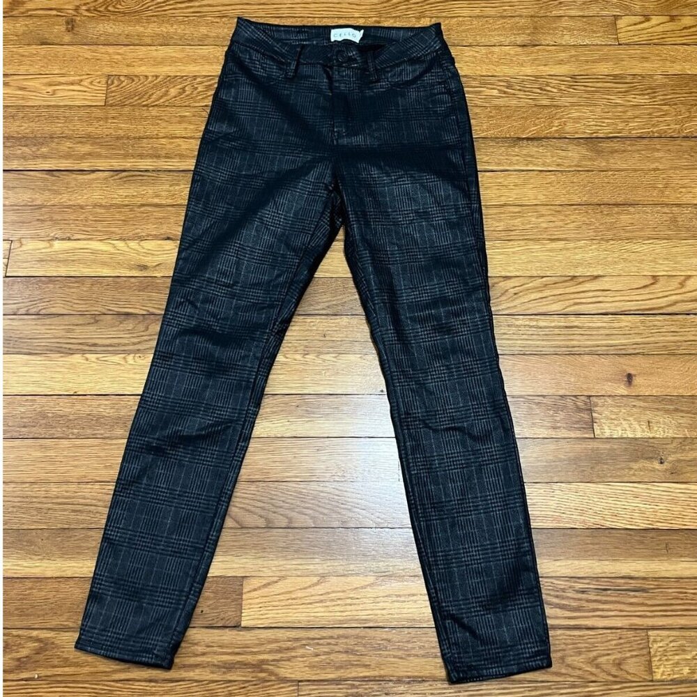 Cello Pants Womens Juniors Size 7 Waxed Denim Black Plaid Skinny Ankle High Rise